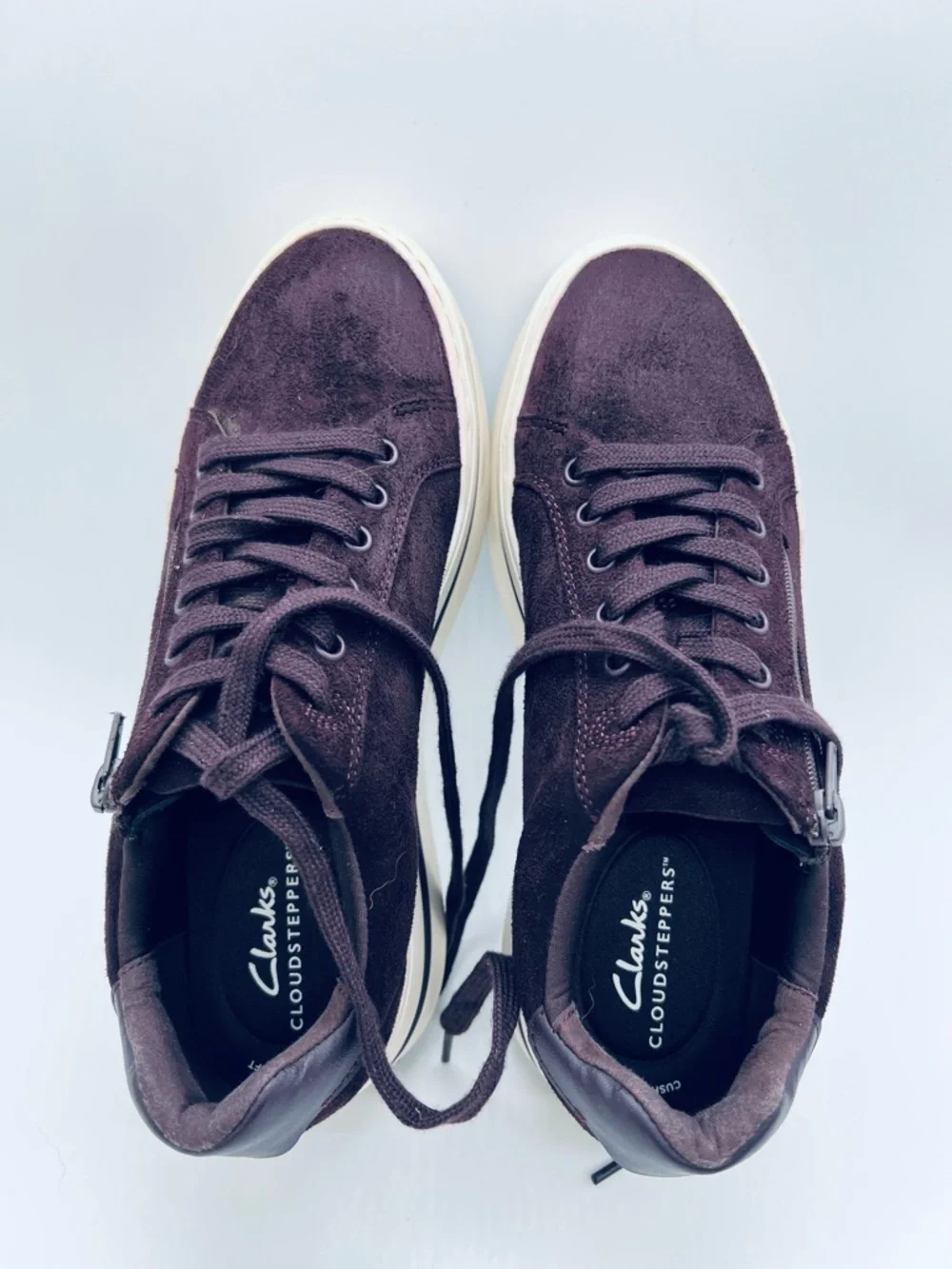 Cloudsteppers by Clarks Women’s Plum Suede Platform Sneakers with Cream Trim